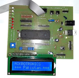 Mikroduino Kiwi Avr ATMEGA32 Arduino Ready Development Board Without LCD Without Microcontroller - an LCD screen displaying "MIKROTRONICS *** Pakistan ***", LEDs, buttons, and power ports.