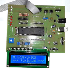 Mikroduino Kiwi Avr ATMEGA32 Arduino Ready Development Board Without LCD Without Microcontroller - an LCD screen displaying "MIKROTRONICS *** Pakistan ***", LEDs, buttons, and power ports.