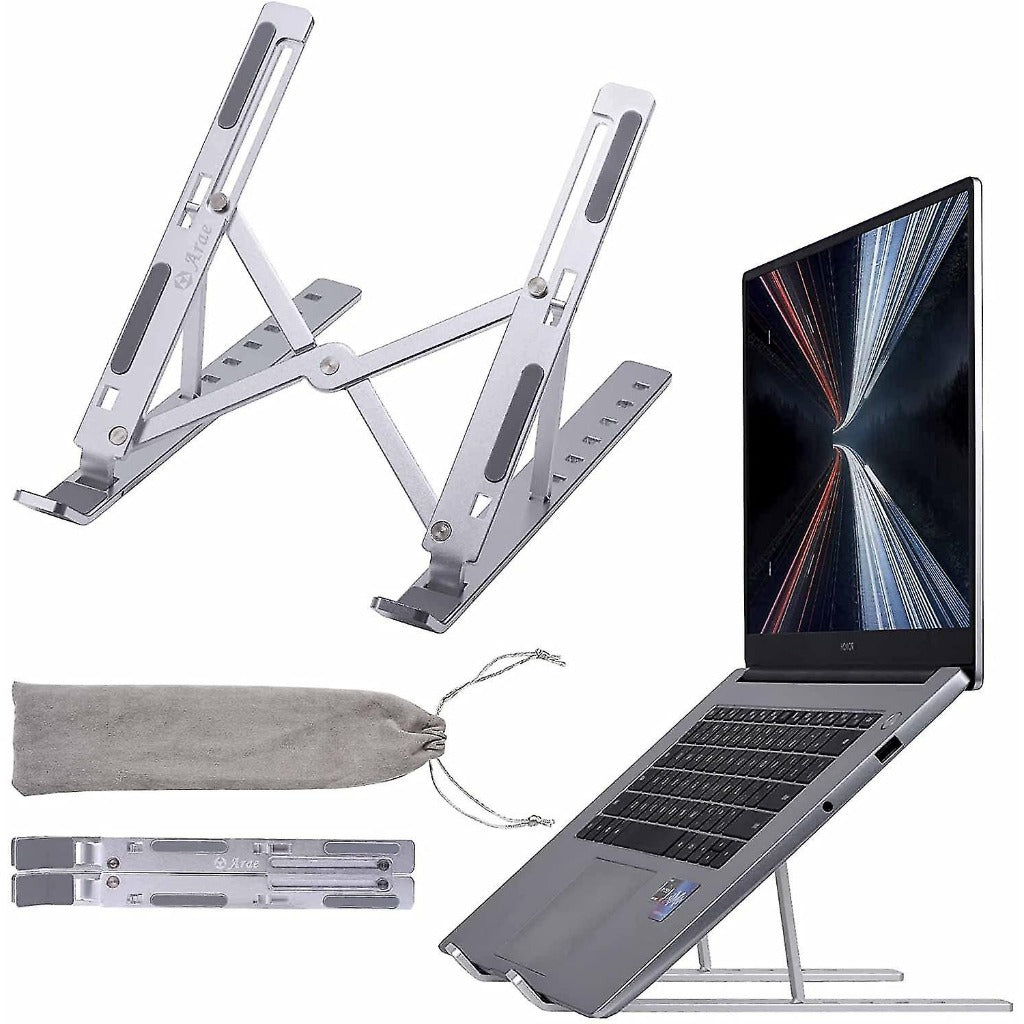 MIKUSO TL-MKSLS030 MIKUSO LS-030 LAPTOP STAND ADJUSTABLE ALUMINIUM(11-14’) - shown in silver aluminium, includes a foldable stand, a grey storage pouch, and a laptop resting on the stand.