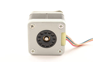 Minebea Bipolar 4 Wire Stepper Stepping Motor - a square silver metal housing with a central circular port and four attached colored wires.