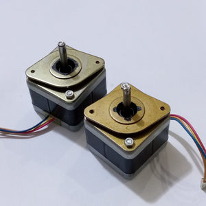 Minebea Bipolar 4 Wire Stepper Stepping Motor - two square, gold-toned metal motors with central shafts and attached multi-colored wire cables.
