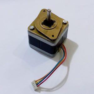 Minebea Bipolar 4 Wire Stepper Stepping Motor - a square metallic motor with a central shaft and a four-wire connector cable attached.