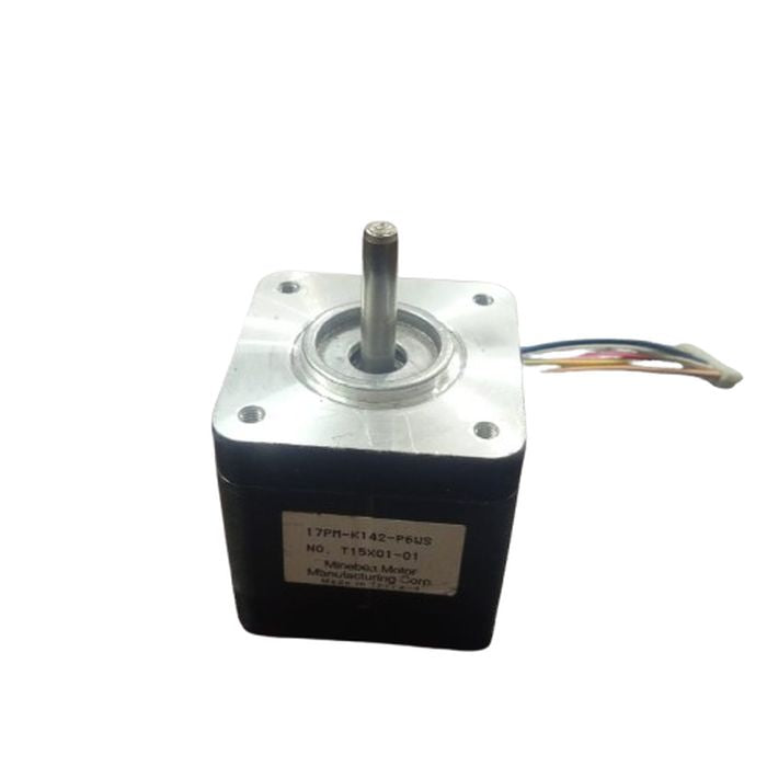 Minebea stepper Motor 17PM-K142-P6WS - a black square-bodied motor with a silver front mounting plate, a central metal shaft, and a multi-colored wire harness.