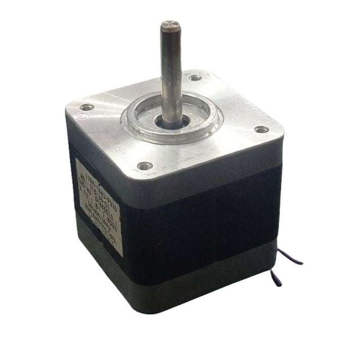 Minebea Stepper Motor - a silver and black square-bodied motor with a vertical metal shaft and two thin purple wires extending from the side.