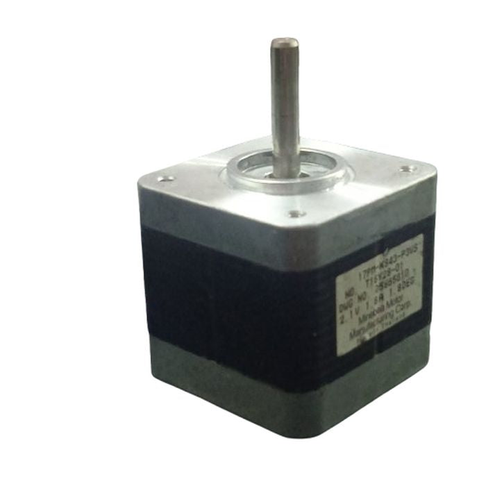 Minebea Stepper Motor - a square-bodied silver and black motor with a single metallic shaft protruding from the top and a label on the side.