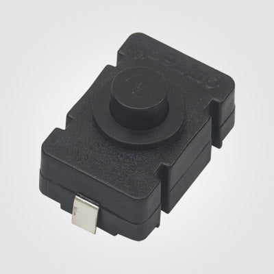Mini 1A 30VDC 2pin Flashlight On Off Switch Push Button - a black rectangular push-button switch with a central circular plunger and two metal terminals.
