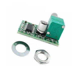Mini 2 Channel Digital USB Audio Amplifier Board Module PAM8403 With Volume Control Potentionmeter - a green circuit board with a B50K potentiometer, a metal washer, and a nut.