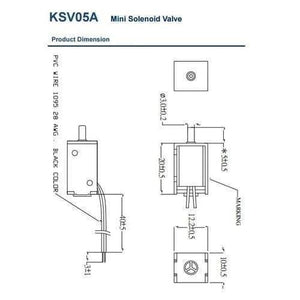 Mini 3V DC Solenoid Valve KSV05A Normally Open For Gas Air Valve - a technical line drawing showing the product dimensions, wire length, and physical structure from multiple angles.