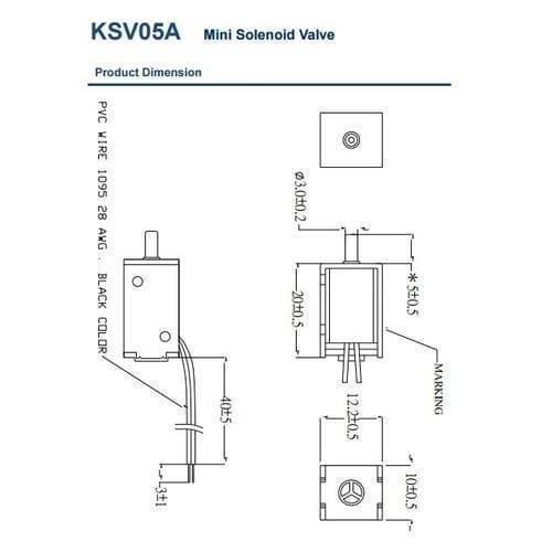 Mini 3V DC Solenoid Valve KSV05A Normally Open For Gas Air Valve - a technical line drawing showing the product dimensions, wire length, and physical structure from multiple angles.