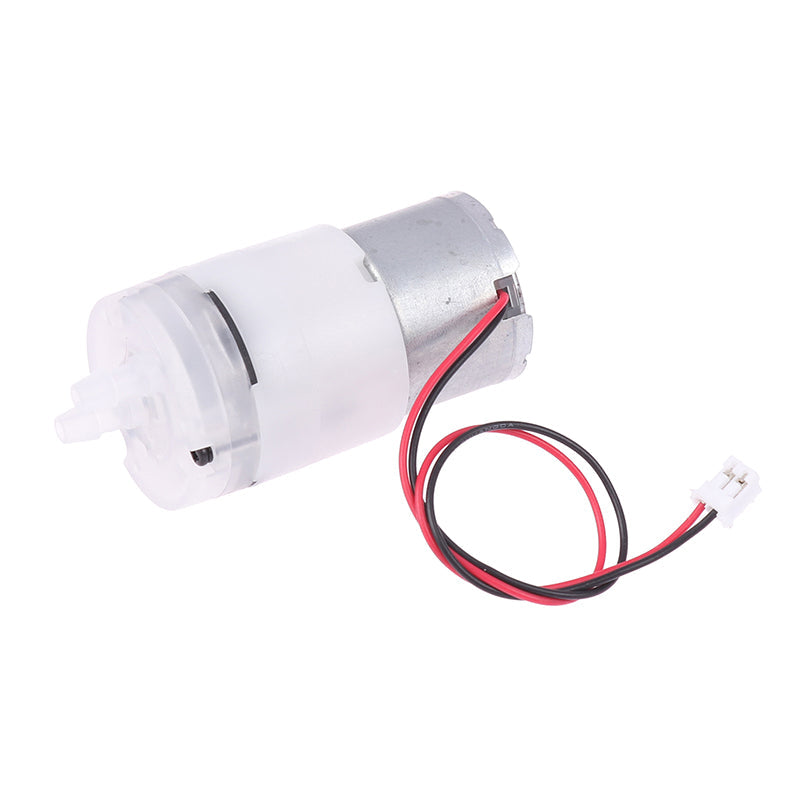 Mini 5V Water Pump Diaphragm Pump Micro Self Priming Suction Drinking Fountain Water Pump Water Dispenser Pump - a cylindrical silver motor attached to a white plastic pump head with two nozzles and a red and black wire connector.