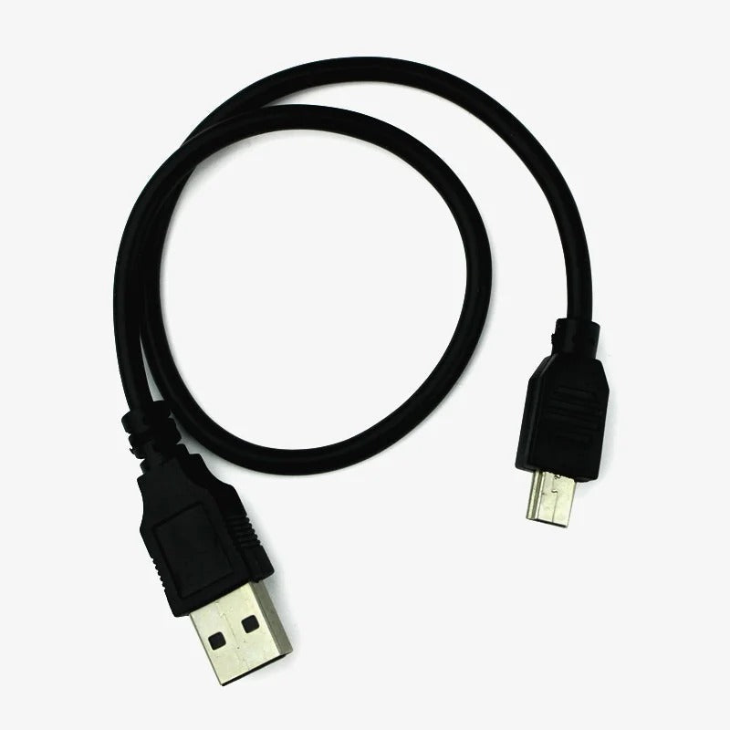 Mini Arduino Nano Cable 12 inch Edge to edge - a black USB cable with a standard USB-A connector on one end and a Mini-USB connector on the other.
