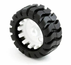 Mini Car Wheel Tyre 43mm For N20 DC Gear Motor | Best Arduino Product Store Digilog.pk - a black rubber tyre with a tread pattern mounted on a white plastic wheel hub.