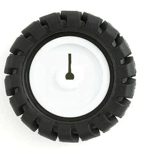 Mini Car Wheel Tyre 43mm For N20 DC Gear Motor | Best Arduino Product Store Digilog.pk - a black rubber tyre with a white plastic rim featuring a small D-shaped central motor shaft hole.