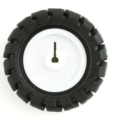 Mini Car Wheel Tyre 43mm For N20 DC Gear Motor | Best Arduino Product Store Digilog.pk - a black rubber tyre with a white plastic rim featuring a small D-shaped central motor shaft hole.