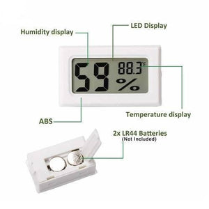 Mini Digital Thermometer Hygrometer Temperature Humidity Meter Fy-11 - a white device with a display reading 59% humidity and 88.3°F, plus a view of the open battery compartment.