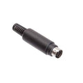 Mini DIN Male Solder 8 Pin Connector - shown as a black cylindrical connector with a flexible strain relief tail and an eight-pin metal male plug.