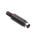 Mini DIN Male Solder 8 Pin Connector - shown as a black cylindrical connector with a flexible strain relief tail and an eight-pin metal male plug.