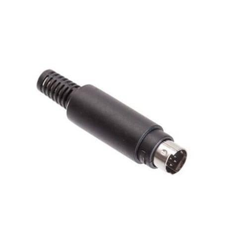 Mini DIN Male Solder 8 Pin Connector - shown as a black cylindrical connector with a flexible strain relief tail and an eight-pin metal male plug.