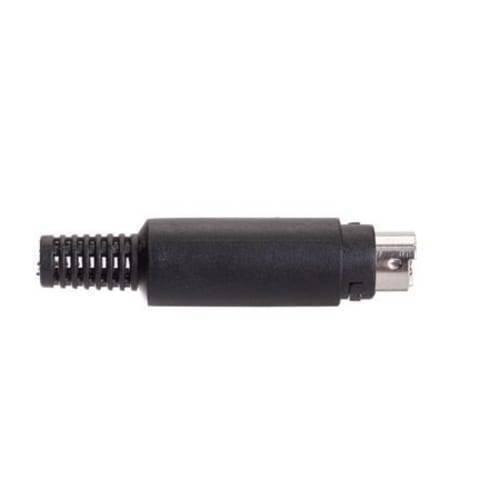 Mini DIN Male Solder 8 Pin Connector - shown as a black, cylindrical 8-pin male connector with a flexible strain relief boot on one end.