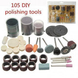Mini Drill Machine Accessories Rotary Tool Kit - a 105-piece set of assorted sanding, polishing, and grinding bits arranged with their packaging.