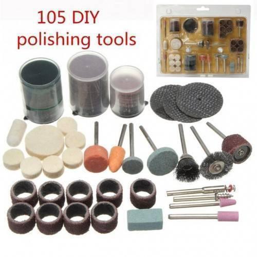 Mini Drill Machine Accessories Rotary Tool Kit - a 105-piece set of assorted sanding, polishing, and grinding bits arranged with their packaging.
