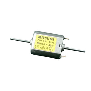 Mini Flat 030 Electric Motor DC 12V-24V 19500RPM Dual Axle Shaft - a silver, rectangular DC motor with dual shafts and a yellow label with text.
