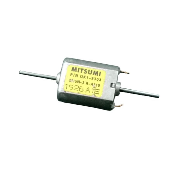 Mini Flat 030 Electric Motor DC 12V-24V 19500RPM Dual Axle Shaft - a silver, rectangular DC motor with dual shafts and a yellow label with text.