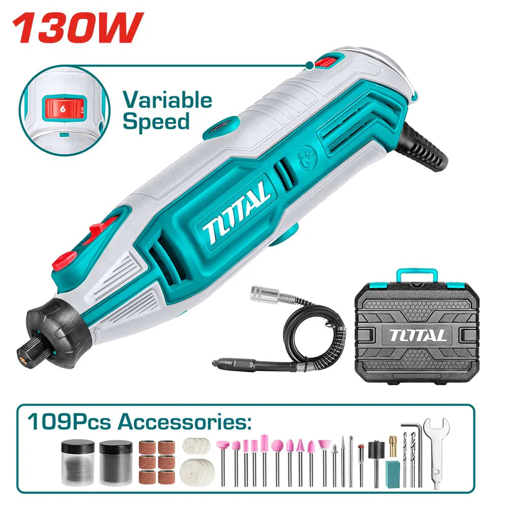 Mini Grinder 3.2mm TG513326 Electric Drill Bit Set Rotary Tool (DIY & PCB Drilling) - a teal and grey rotary tool with a speed dial, a flexible shaft, a black carrying case, and 109 assorted accessories.
