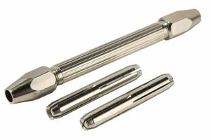 Mini Hand Drill - shown with its silver-coloured metal handle and two interchangeable collet accessories laid out on a white background.