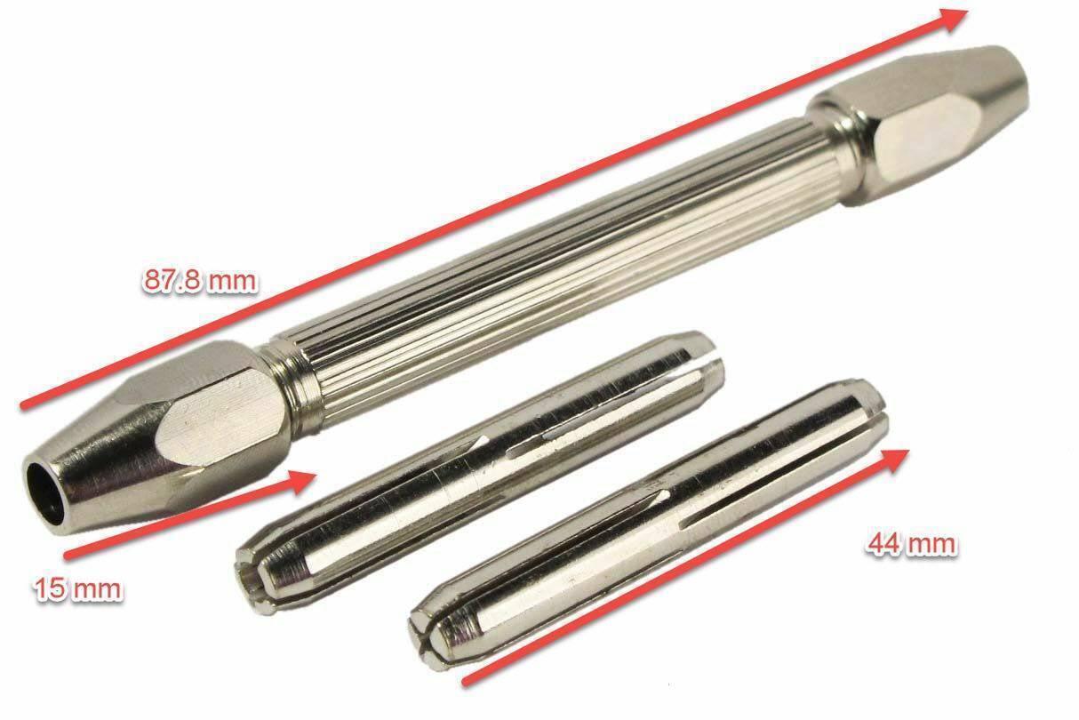 Mini Hand Drill - shown with two collet accessories, featuring a silver metallic finish and annotated with dimensions of 87.8 mm, 15 mm, and 44 mm.