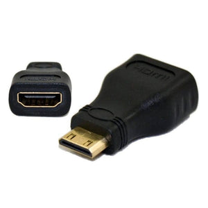 Mini HDMI Male To HDMI Female Adapter Converter For Raspberry Pi Zero w - two black plastic adapters, one displaying its HDMI female port and the other its male connector.