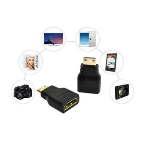 Mini HDMI Male To HDMI Female Adapter Converter For Raspberry Pi Zero w - two black adapters connected to images of a television, tablet, camera, and other electronic devices.