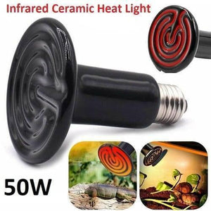 Mini Infrared Ceramic Heating Bulb Light 50W 220V Electric Heating Element For Egg Incubator Reptile Pets Birds - a black ceramic heating bulb with a screw base, including close-ups of its glowing heating element.