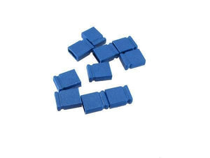 Mini Jumpers Hard Drive Jumper - a collection of small blue plastic jumper caps scattered on a white background.