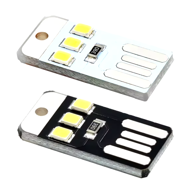 Mini LED Ultra Thin USB Powered LED Lamp Camping Night Light - two small rectangular USB-powered LED modules, one with a white board and one with a black board.