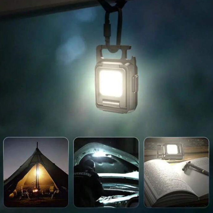 Mini LED Ultra Thin USB Powered LED Lamp Camping Night Light - a small, rectangular grey light hanging by a carabiner, with three panels illustrating camping and work use.