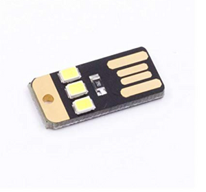 Mini LED Ultra Thin USB Powered LED Lamp Camping Night Light - small black circuit board with three white LEDs, a resistor, and a gold USB connector.