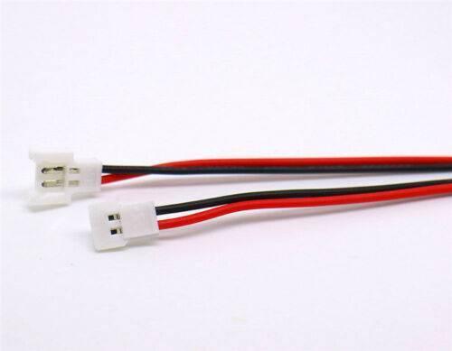 Mini Micro JST2.0 Losi 2.0mm 2-pin Connector Plug Male Female With Wire - two white plastic 2-pin connectors attached to red and black wires against a white background.