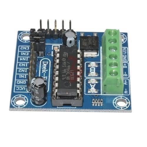 Mini Motor Drive Shield Expansion Board L293D Module For Arduino Uno Mega 2560 - a blue rectangular circuit board featuring a central L293D chip, green screw terminals, and pins.
