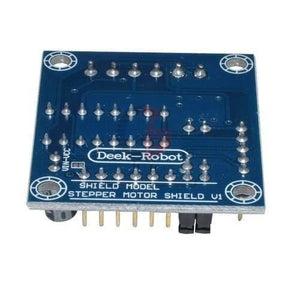 Mini Motor Drive Shield Expansion Board L293D Module For Arduino Uno Mega 2560 - a blue rectangular circuit board with multiple metal pins, labeled Deek-Robot and Stepper Motor Shield.