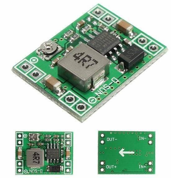Mini MP1584EN DC-DC Buck Adjustable Step Down Module 4.5V-28V Input 0.8V-20V Output - shown from three angles, featuring a green circuit board, a square inductor, and an adjustable knob.