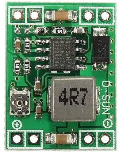 Mini MP1584EN DC-DC Buck Adjustable Step Down Module 4.5V-28V Input 0.8V-20V Output - a green rectangular circuit board featuring a central chip, a large square inductor, and a knob.