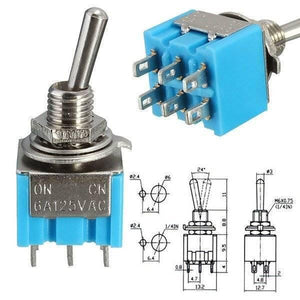 Mini Mts-203 6-pin Dpdt 6A 125VAC Toggle Switch 6 Pin On Off Toggle Switch 2 Positions - two blue-bodied switches with six metal pins, a metal lever, and a technical dimension diagram.