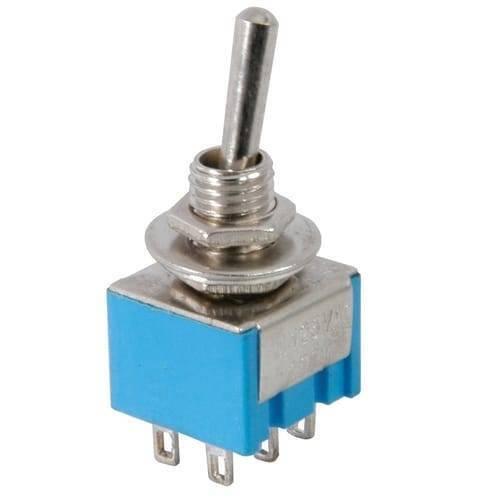 Mini Mts-203 6-pin Dpdt 6A 125VAC Toggle Switch 6 Pin On Off Toggle Switch 2 Positions - a blue rectangular base with six metal pins at the bottom and a silver metal toggle lever on top.