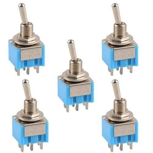 Mini Mts-203 6-pin Dpdt 6A 125VAC Toggle Switch 6 Pin On Off Toggle Switch 2 Positions - shown as a set of five identical blue and silver switches with six metal pins each.