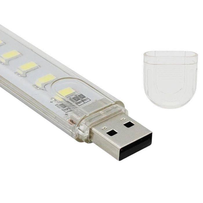 Mini Portable USB LED Night Light 5730 SMD 8 LEDS Lamp Reading Camping Cool White - strip with a USB-A connector and a separate clear plastic protective cap.