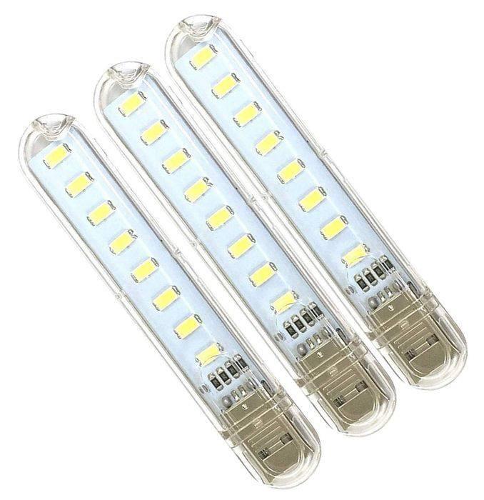 Mini Portable USB LED Night Light 5730 SMD 8 LEDS Lamp Reading Camping Cool White - three identical white circuit boards with eight yellow SMD LEDs each and a silver USB connector at the base.