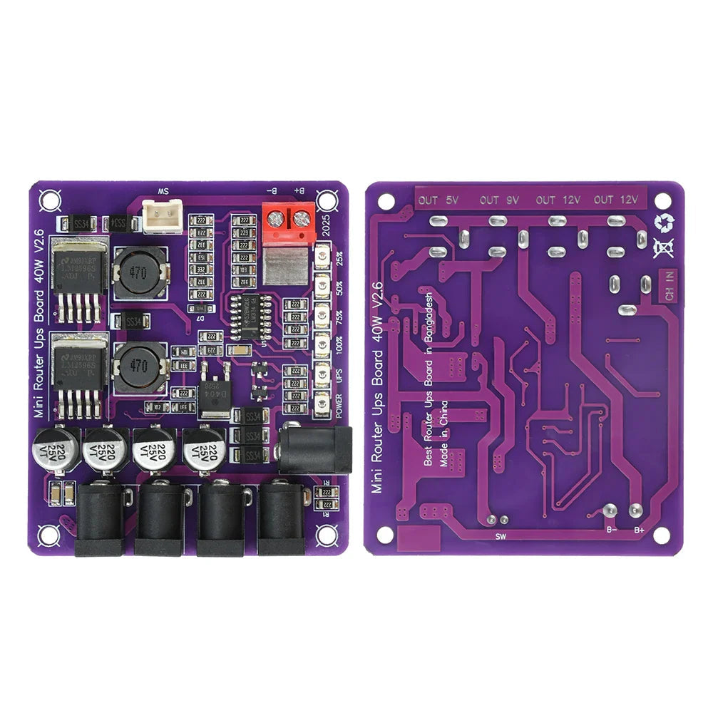 Mini Router UPS Board 40W V2.6 for Router & Modem in Pakistan - shown as a front and back view of the purple circuit board with power ports, indicator LEDs, and battery terminals.