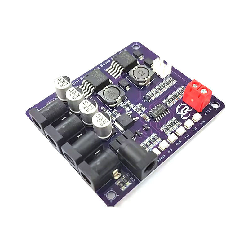Mini Router UPS Board 40W V2.6 for Router & Modem in Pakistan - a purple circuit board featuring multiple DC barrel jacks, a red terminal block, inductors, and LED status indicators.