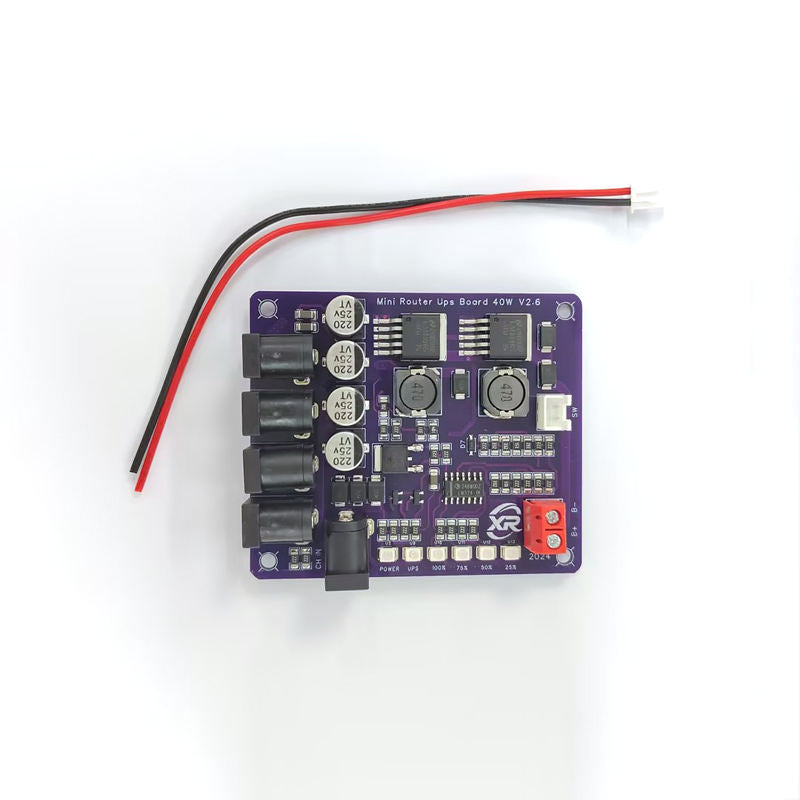 Mini Router UPS Board 40W V2.6 for Router & Modem in Pakistan - a purple circuit board with four DC output ports, one input port, a battery connector, and LED indicators.